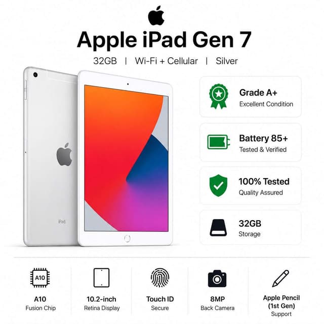 Apple iPad (7th Gen) 10.2" 32GB Wi-Fi + Cellular - Silver (Premium Refurbished Grade A+) — photo 3